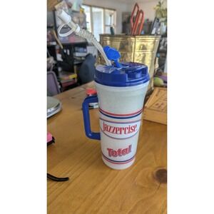 Vintage Jazzercise Total Glitter Travel Mug Blue Lid Straw Retro Fitness 9 Inch